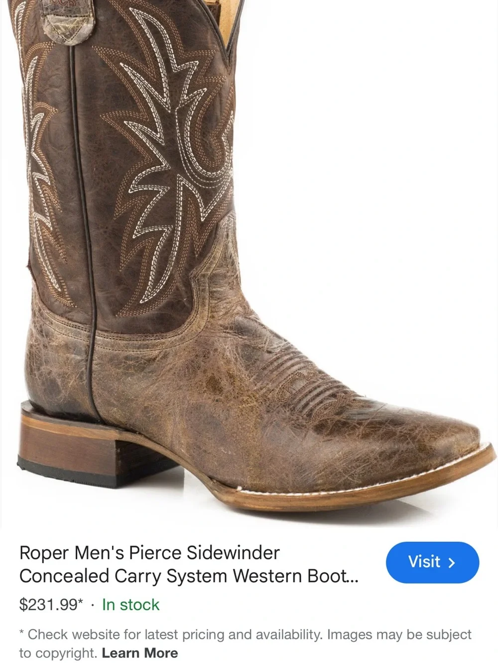 Like NEW Roper Men's Pierce Sidewinder Concealed Carry System Western BootS